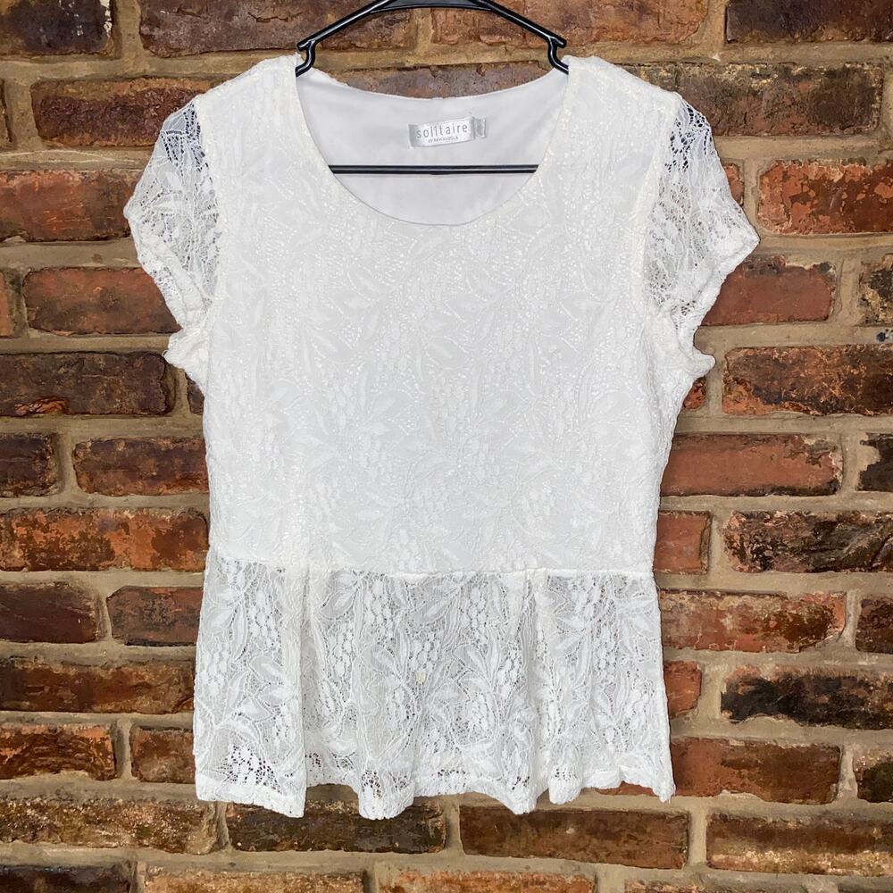 Solitaire White Semi-Sheer Lace Short Sleeve Peplum Blouse Women's Size Small